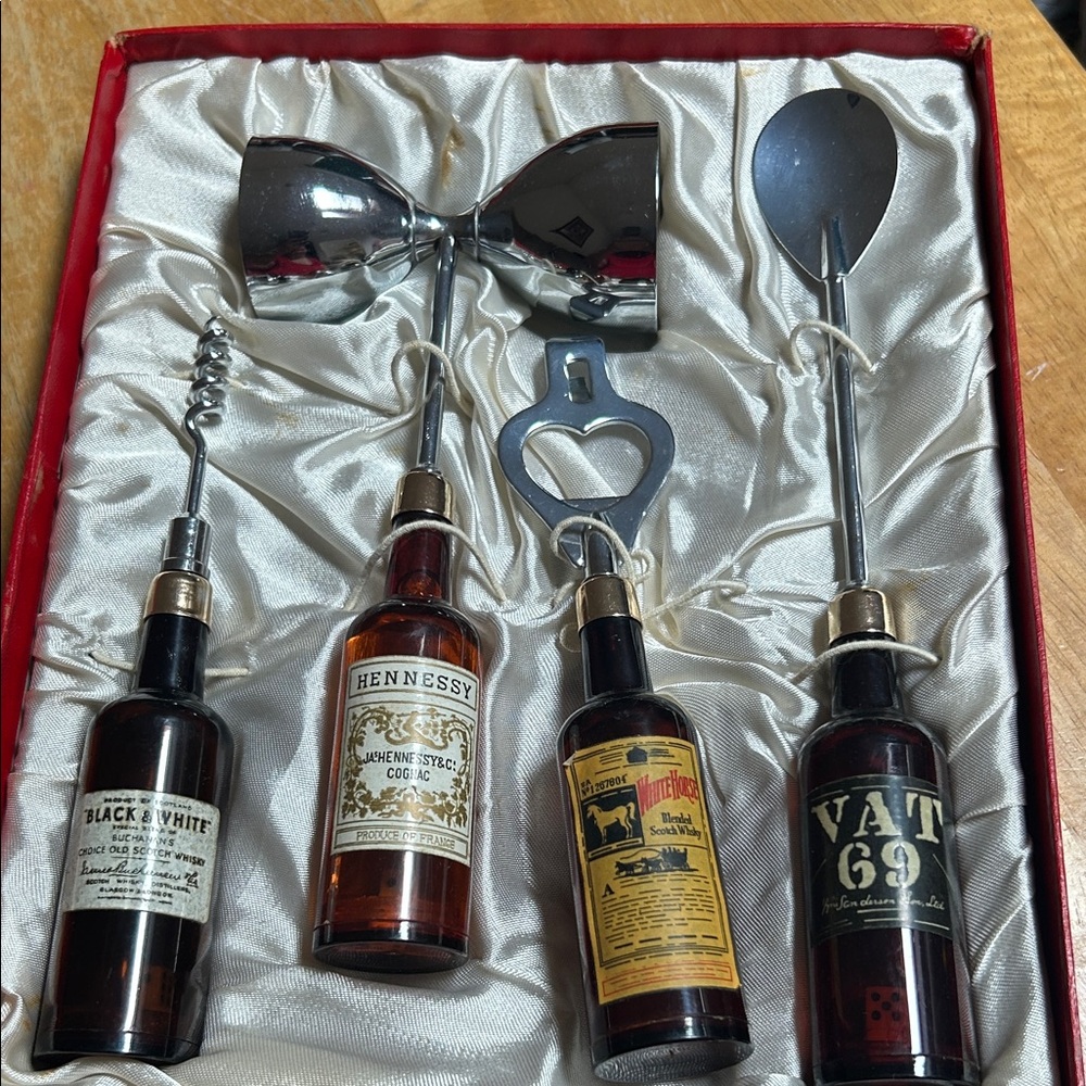 Vintage Miniature Bottle Bar Tool Set with Hennessy Mini Bottle
